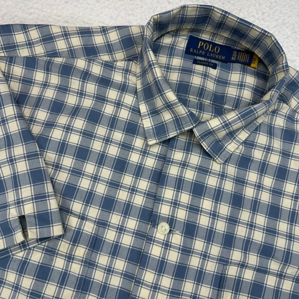 Polo‎ Ralph Lauren Mens XL Short Sleeve Shirt Blue Plaid Pockets Classic Fit EUC